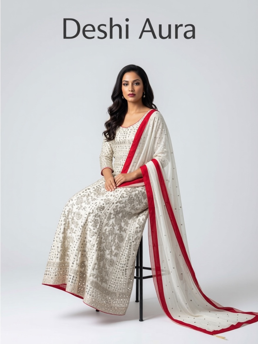 Women's White Embroidered Anarkali Dress with Red Border